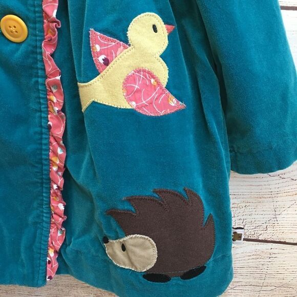 SAM AND SYDNEY UNIQUE WILDLIFE APPLIQUED RUFFLE COAT IN TEAL VELVETEEN - Picture 6 of 10